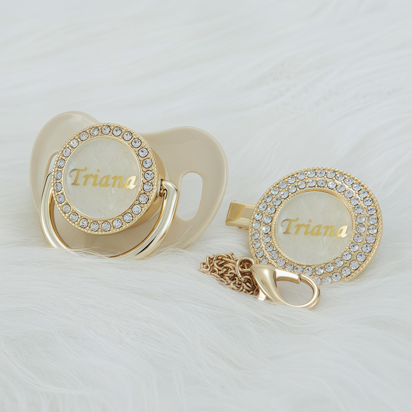 MIYOCAR Custom Gold Bling Diamond Baby Pacifier with Clip Set Personalized for Newborns and Babies Personalized Baby Bling Pacifier gold  pacifier