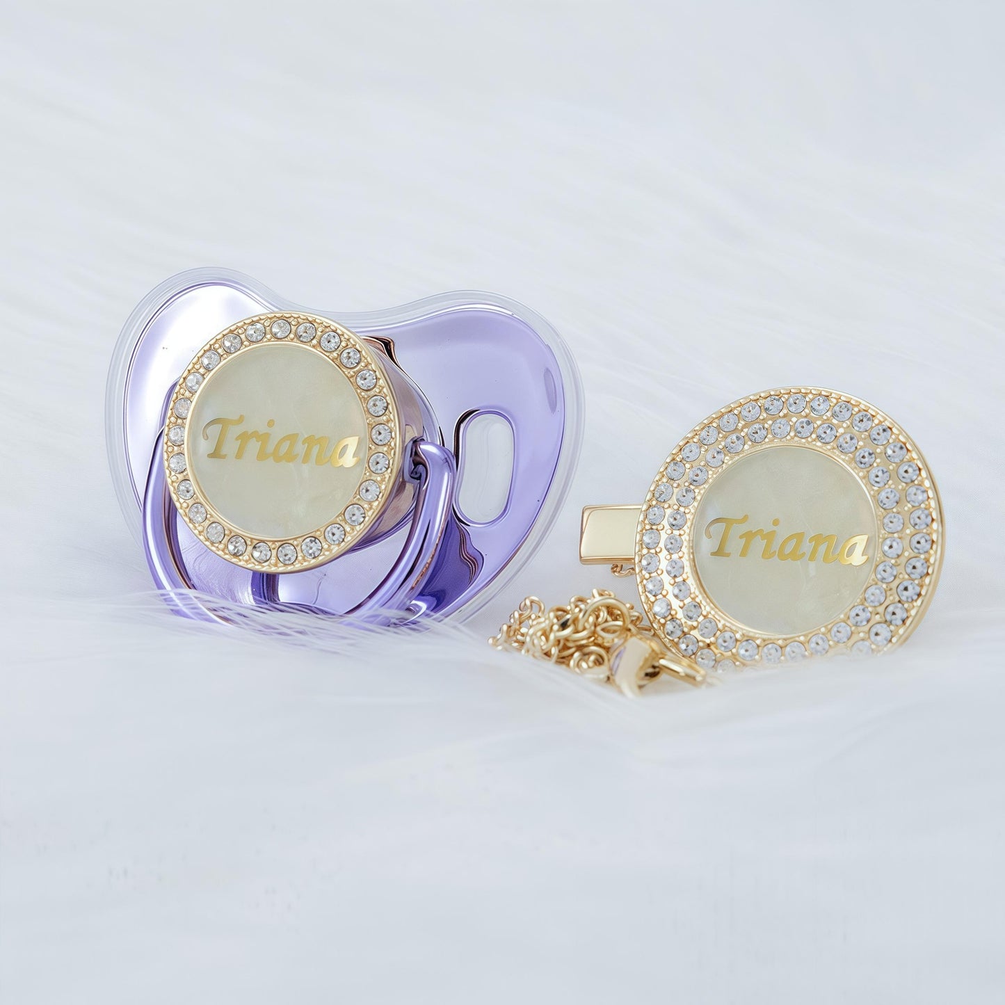 MIYOCAR Custom Gold Bling Diamond Baby Pacifier with Clip Set Personalized for Newborns and Babies Personalized Baby Bling Pacifier gold  pacifier