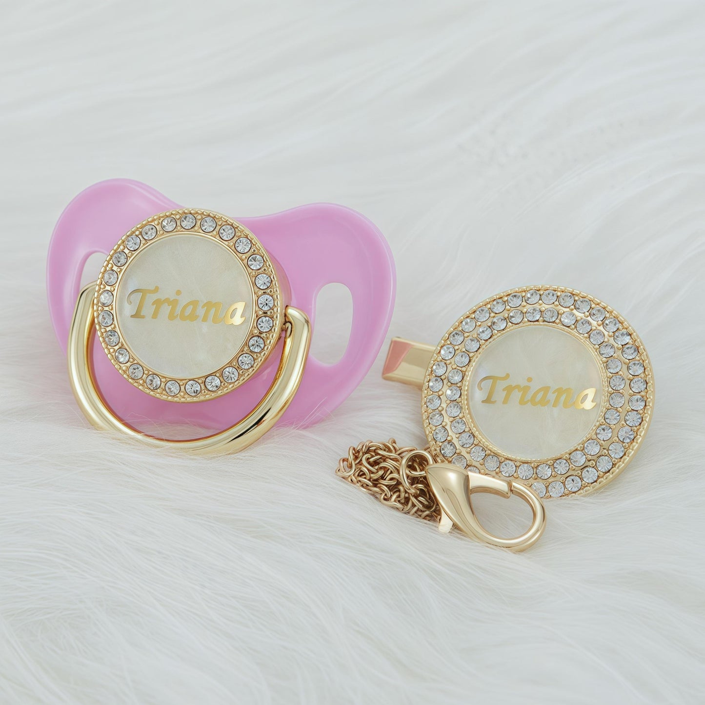 MIYOCAR Custom Gold Bling Diamond Baby Pacifier with Clip Set Personalized for Newborns and Babies Personalized Baby Bling Pacifier gold  pacifier