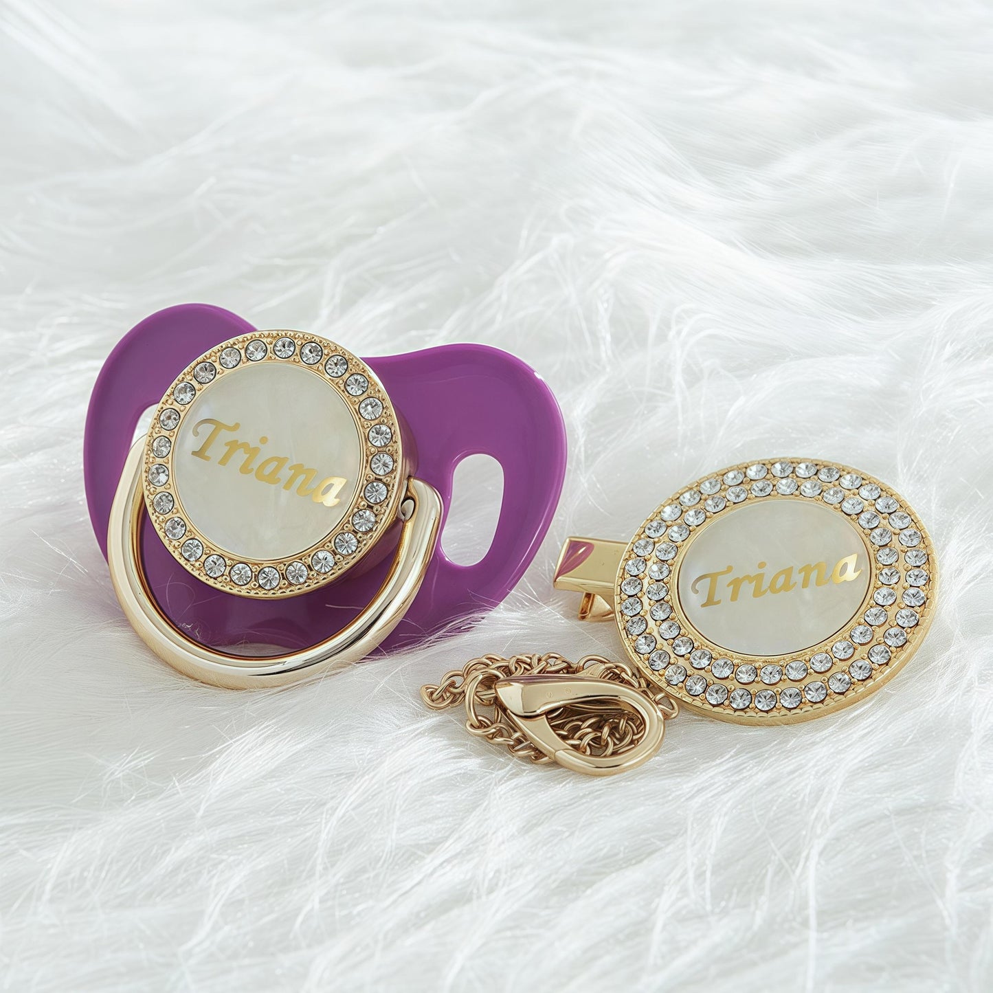 MIYOCAR Custom Gold Bling Diamond Baby Pacifier with Clip Set Personalized for Newborns and Babies Personalized Baby Bling Pacifier gold  pacifier