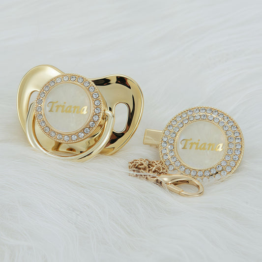 MIYOCAR Custom Gold Bling Diamond Baby Pacifier with Clip Set Personalized for Newborns and Babies Personalized Baby Bling Pacifier gold  pacifier