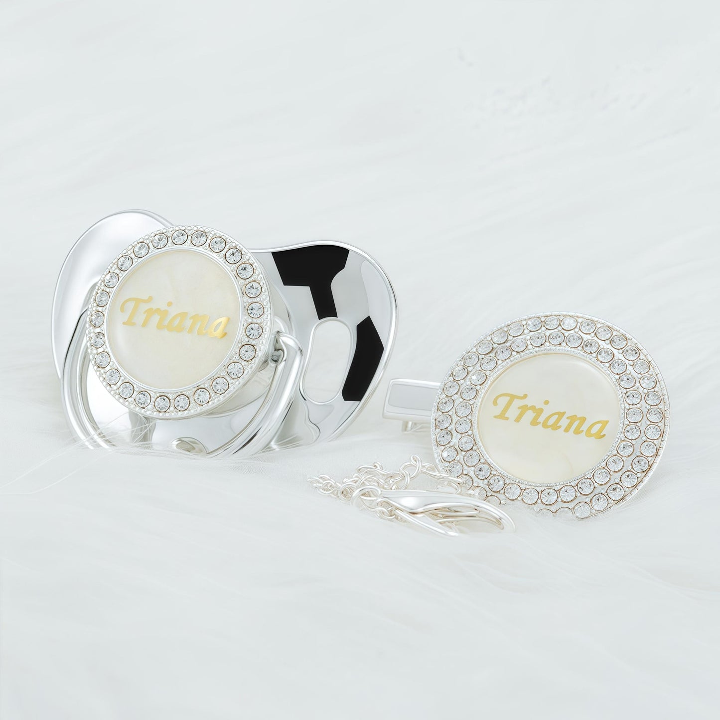 MIYOCAR Custom Gold Bling Diamond Baby Pacifier with Clip Set Personalized for Newborns and Babies Personalized Baby Bling Pacifier gold  pacifier